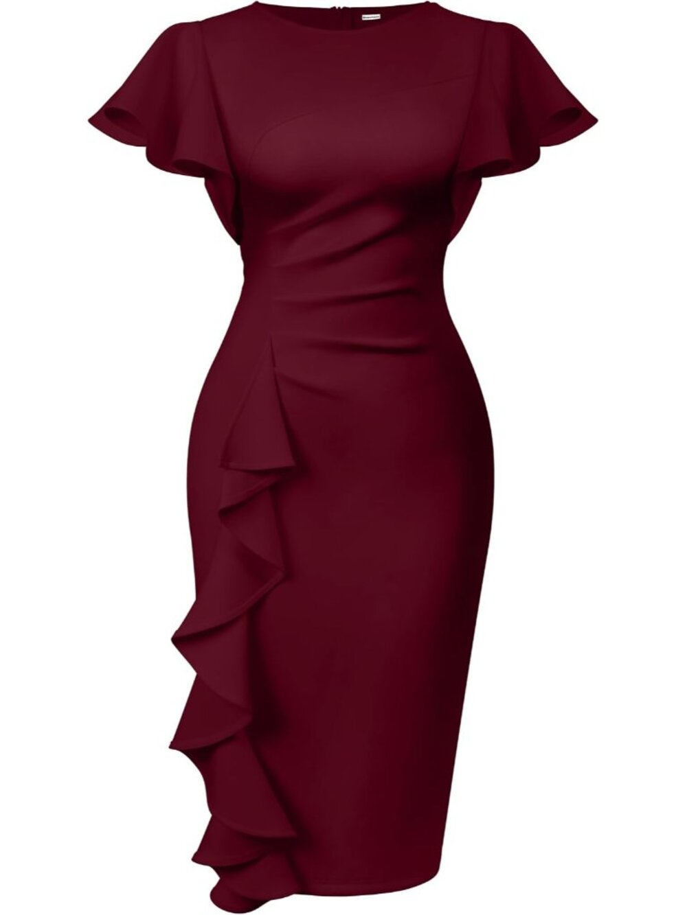 Women's Church Ruffle Sleeve Ruched Work Midi Dress